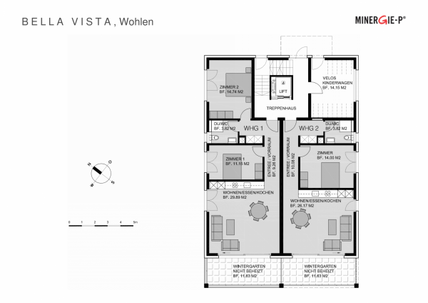 Plan Mehrfamilienhaus Erdgeschoss 3 ½-Zimmer-Wohnung 1 und 2 ½-Zimmer-Wohnung 2